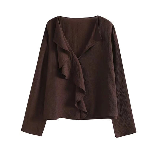 YENKYE Spring 2025 Women Brown Long Sleeve V Neck Ruffle Shirt Office Casual Blouse Blusas Mujer