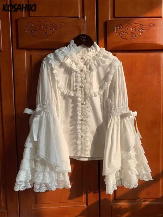 RBB Women's Kawaii Lace Patchwork Shirt – Sweet Lolita Y2K Loose Flare Sleeve Blouse