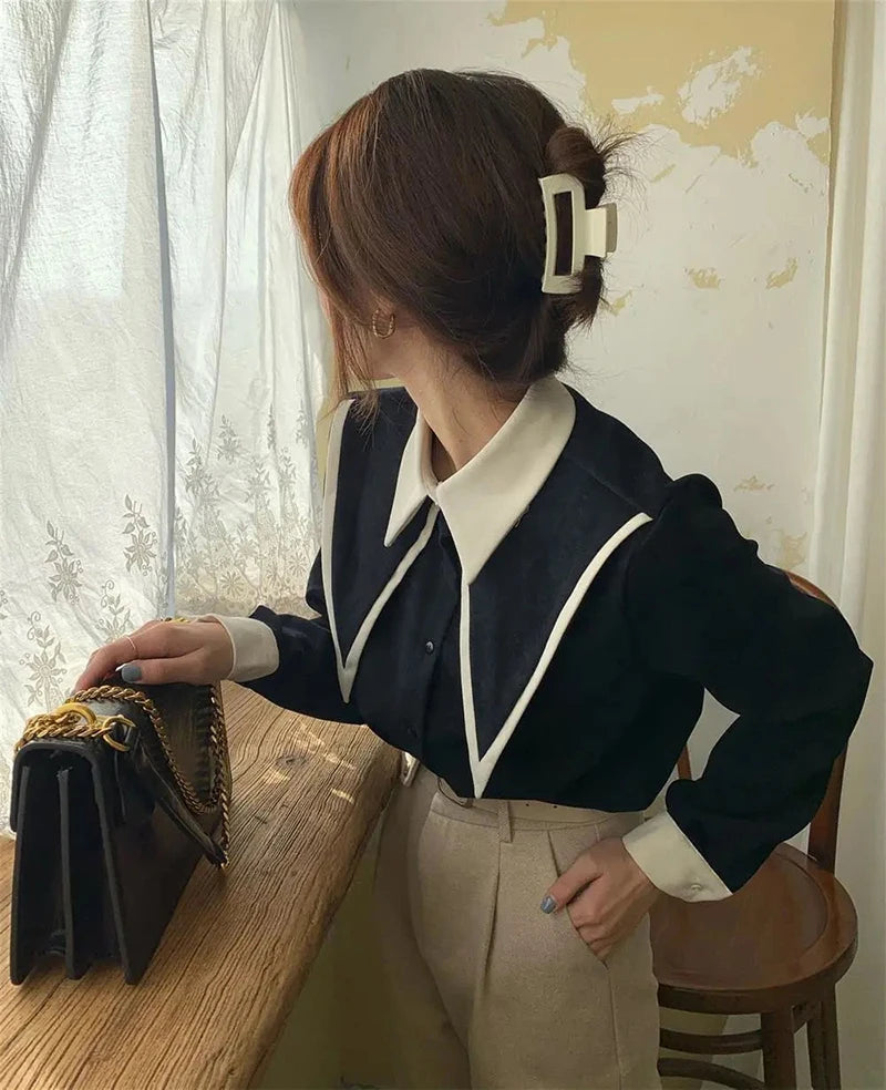 MEXZT Vintage Chiffon Shirts Women Elegant Patchwork Long Sleeve Blouses Office Lady Korean Black Turn Down Collar Casual Tops