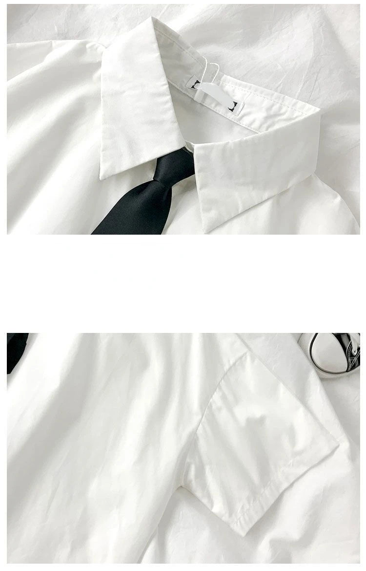 DAYIFUN 2025 White Shirt Women Blusas Short Sleeve Lapel Blouse with Tie Japanese Fashion Student Summer Daily College Style Top