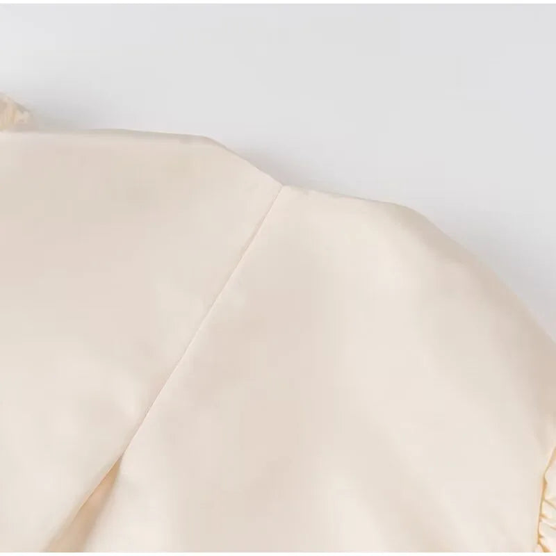 Spring Summer New Women's Fashion Casual Shirt Satin Bubble Sleeves Round Neck Loose Short Top Female Elegant Solid Blouses