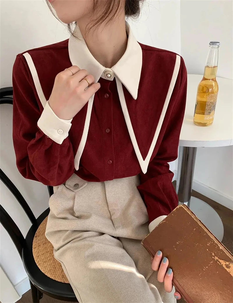MEXZT Vintage Chiffon Shirts Women Elegant Patchwork Long Sleeve Blouses Office Lady Korean Black Turn Down Collar Casual Tops