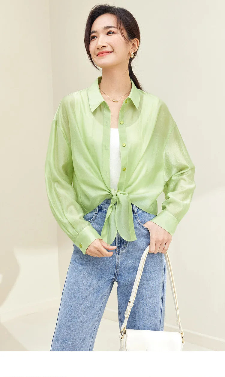 SENTUBILA Sheer Knot Shirts Women 2025 Elegant Casuals Long Drop Sleeve Button Up Shirts & Blouses Female Clothes 132C48674