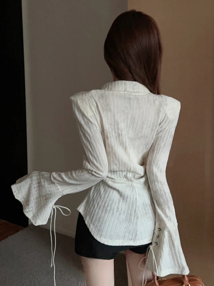 French Style Flare Sleeve Shirts for Women Retro Chic Lace-up Spring Autumn Elegant Feminine Sexy Tops Aesthetic Clothes Popular