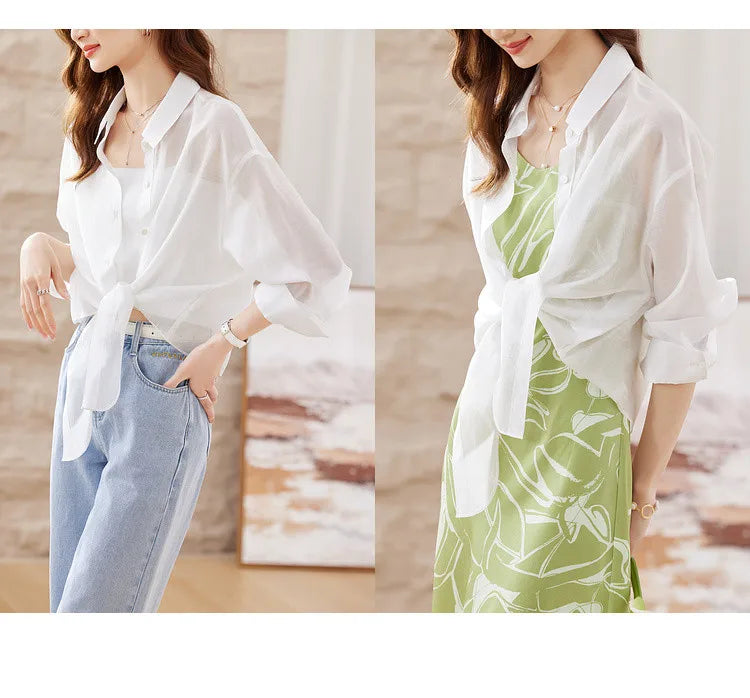 SENTUBILA Sheer Knot Shirts Women 2025 Elegant Casuals Long Drop Sleeve Button Up Shirts & Blouses Female Clothes 132C48674