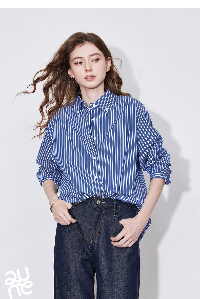TOYOUTH Women Blouse Shirt 2025 Spring New Lyocell Long Sleeve Striped Cotton Sunscreen OL Shirt Tops