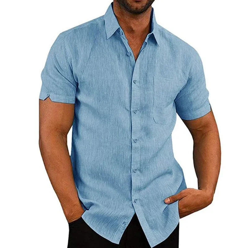 RBB Men’s Summer Cotton Linen Shirt – Short Sleeves, Turn-Down Collar, Casual Beach Style