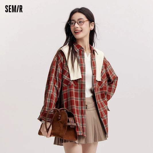 Semir Long Sleeve Shirt Women Mid-long Style Oversize Spring 2025 New Spring Checkered Top Vintage