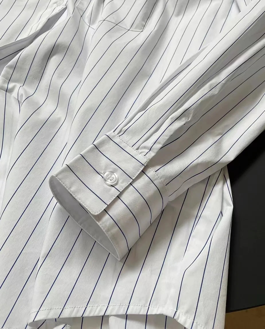 Spring/Summer Women's Striped Polo Neck Long Sleeve Pocket Decoration Loose Shirt