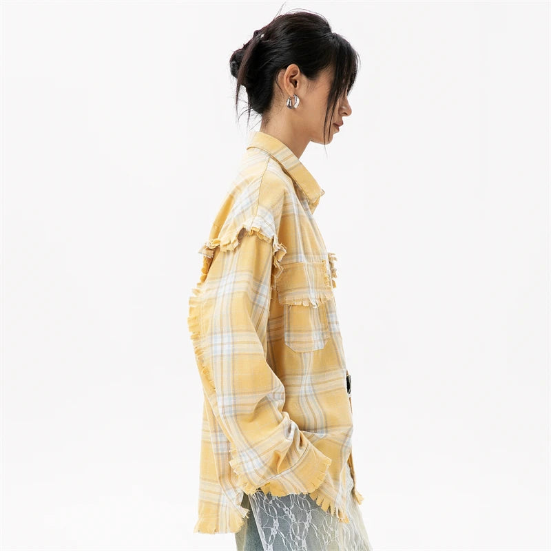 Elegant Women's Blouses 2024 Autumn 100 Cotton Yellow Plaid Shirts for Women Ladies Clothes in Offers Women's Long Sleeve Top