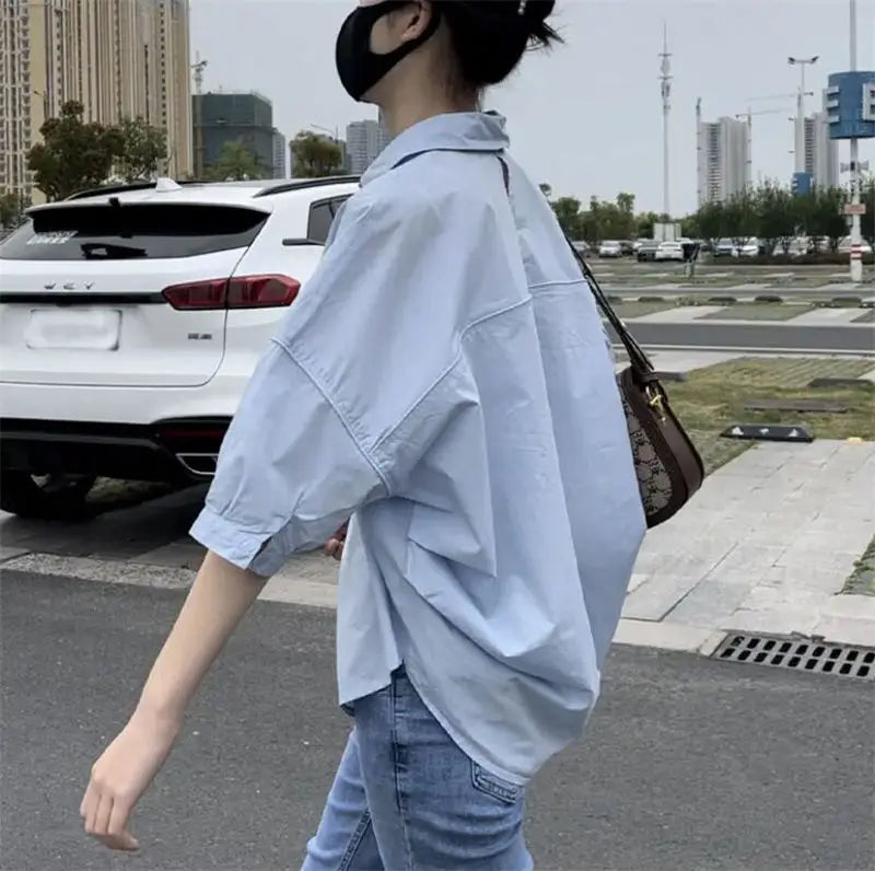 Cotton Mid-sleeve Thin Woman Blous Shir 2025 Summer New Loose Fashion Irregular Shirt Casual Vacation Top Korean Women's Clothes