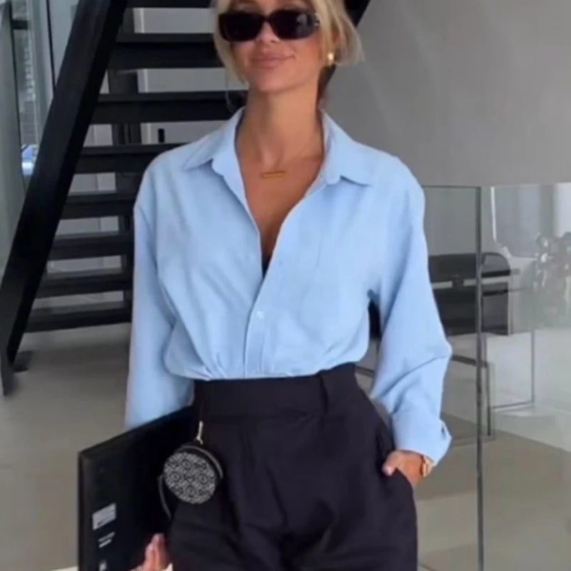 TRAF 2025 Women's Shirt Long Blue Shirt Women Spring Long Sleeve Oversize Shirts Blouses Korean Style Casual Button Up Shirts