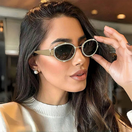RBB Y2K Oval Drill Sunglasses for Women | Fashion Metal Frame | RBB European INS Style Shades