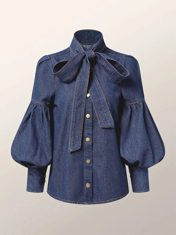 RBB Women's Imitation Denim Blouse – High Neck Puff Sleeve Top with Bow Detail