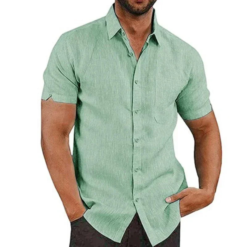 RBB Men’s Summer Cotton Linen Shirt – Short Sleeves, Turn-Down Collar, Casual Beach Style