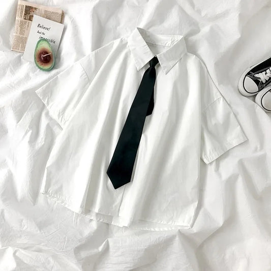 DAYIFUN 2025 White Shirt Women Blusas Short Sleeve Lapel Blouse with Tie Japanese Fashion Student Summer Daily College Style Top