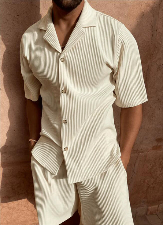 RBB Men’s Corduroy Short Sleeve Shirt & Shorts Set – Stretch Casual Beachwear Outfit