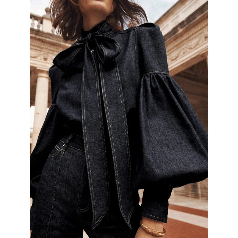 RBB Women's Imitation Denim Blouse – High Neck Puff Sleeve Top with Bow Detail