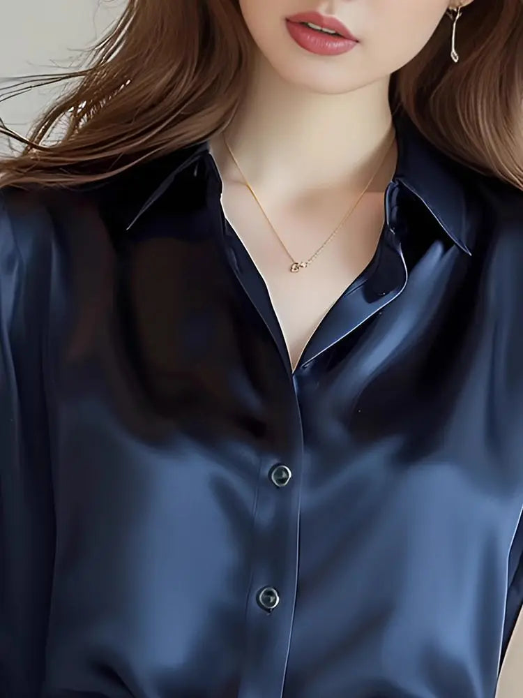 Elegant Silk Office Shirts Women Korean Fashion Y2k Clothes Slim Long Sleeve White Black Blusas Mujer Workwear Tops and Blouses