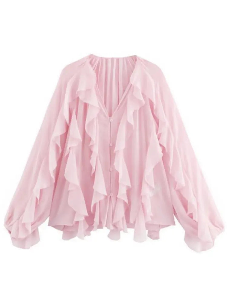 RBB Women's Summer V-Neck Ruffle Blouse – Sheer Tiered Button-Front Beach Top