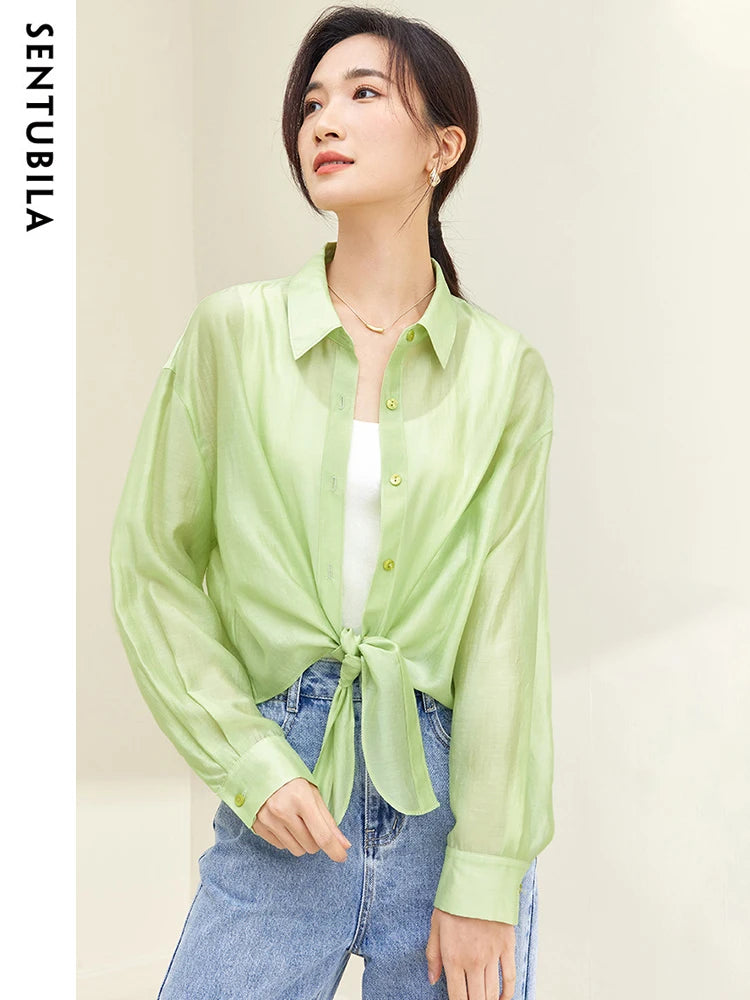 SENTUBILA Sheer Knot Shirts Women 2025 Elegant Casuals Long Drop Sleeve Button Up Shirts & Blouses Female Clothes 132C48674