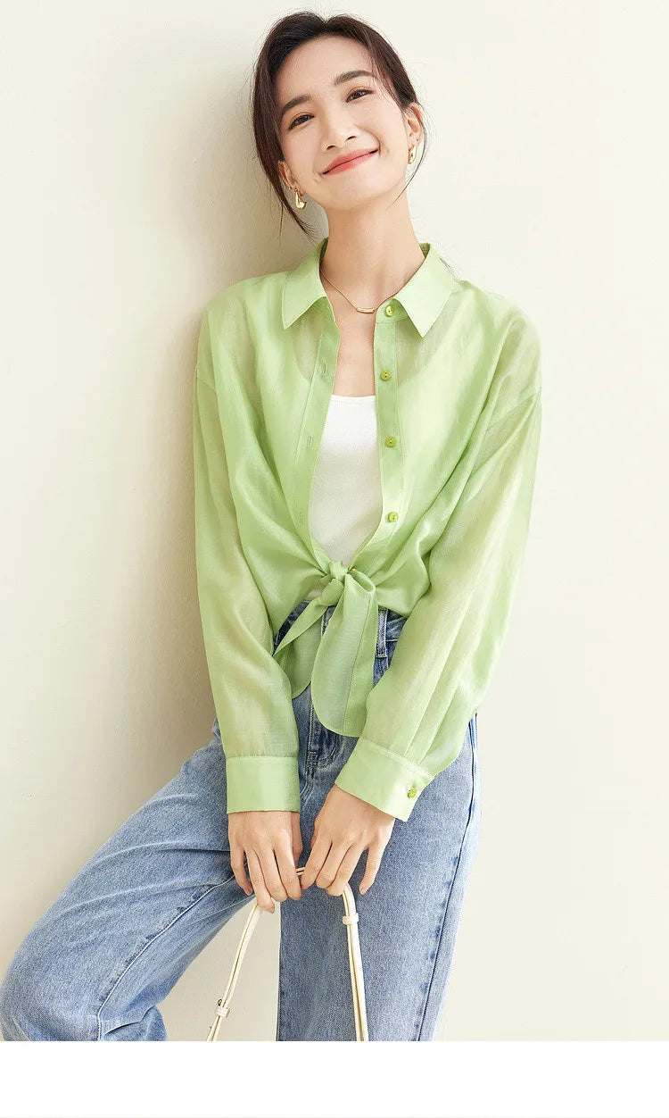 SENTUBILA Sheer Knot Shirts Women 2025 Elegant Casuals Long Drop Sleeve Button Up Shirts & Blouses Female Clothes 132C48674