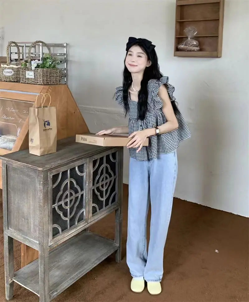 Women's Korean Style Cotton Summer Shirt - Breathable Square Neck Checkered Cute Loose Top with Small Flutter Sleeve