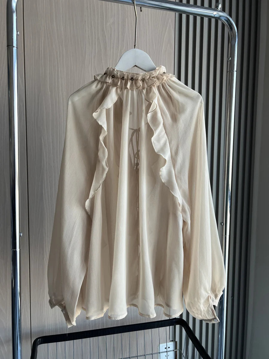 ETJ Spring 2025 New traf Women's Fashion Translucent fabric beaded rivets decorated V-neck lace ruffled romantic shirt