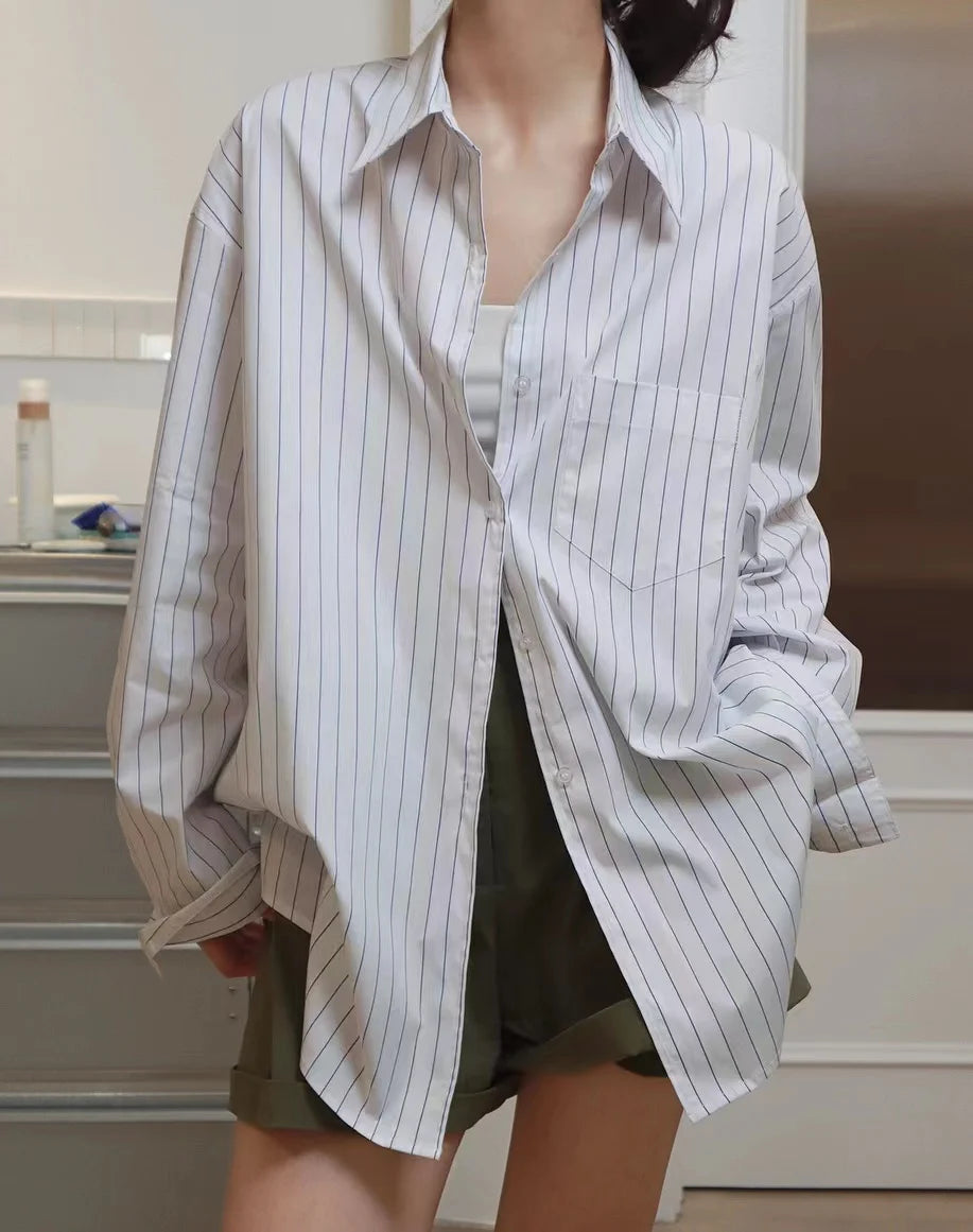 Spring/Summer Women's Striped Polo Neck Long Sleeve Pocket Decoration Loose Shirt