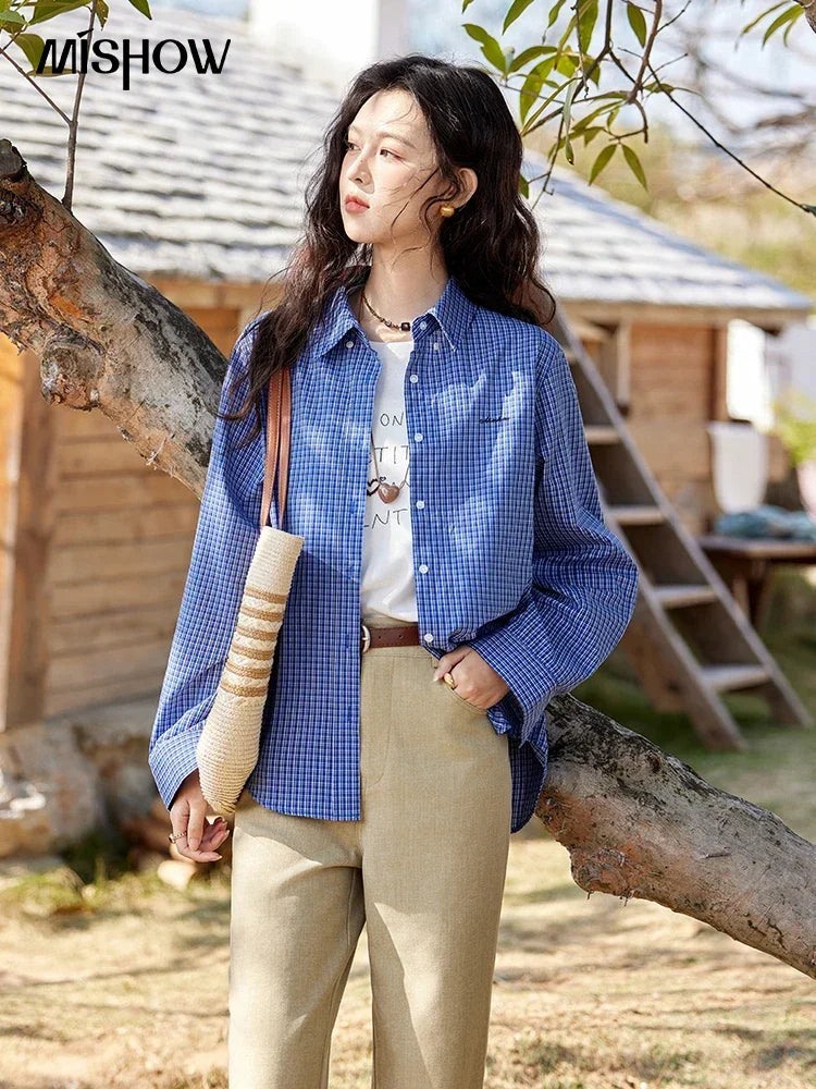 MISHOW Fashion Retro Blue Checkered Shirt Women's Autumn New Loose Casual Lapel Cotton Shirts Long Sleeves Tops Women MXE11C0398