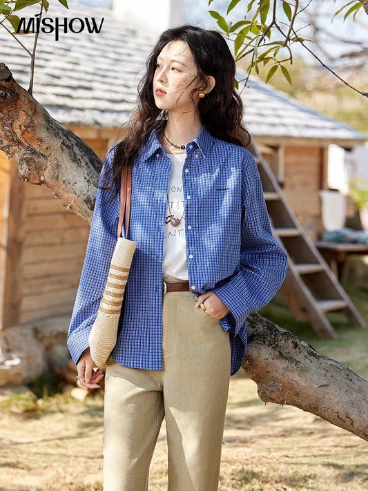 MISHOW Fashion Retro Blue Checkered Shirt Women's Autumn New Loose Casual Lapel Cotton Shirts Long Sleeves Tops Women MXE11C0398