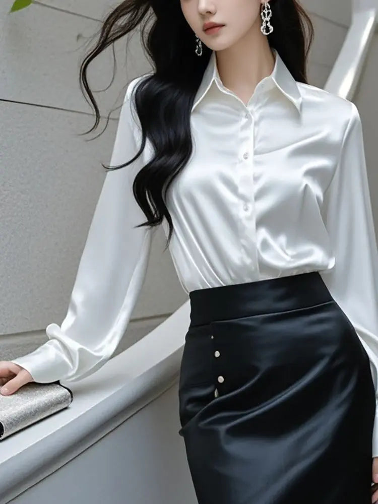 Elegant Silk Office Shirts Women Korean Fashion Y2k Clothes Slim Long Sleeve White Black Blusas Mujer Workwear Tops and Blouses