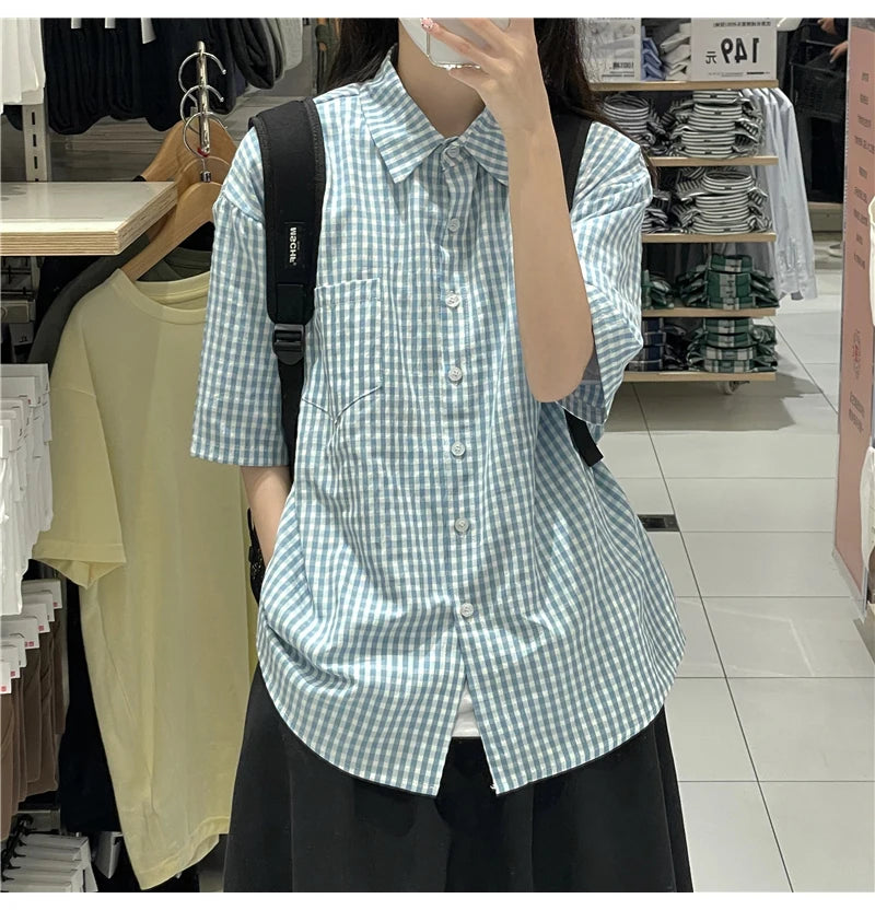 Plaid Shirts for Women Youthful Commuting Fresh Pocket Summer Short Sleeve Tops Tender Hipster Vintage American Style All-match