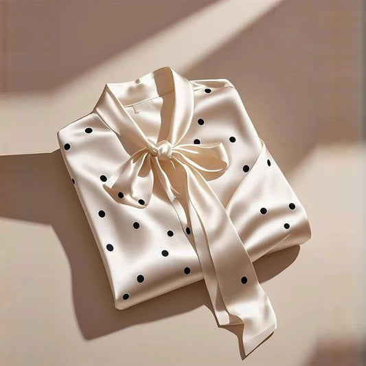 RBB Women's Satin Polka Dot Blouse – Elegant Lace-Up Bow Long Sleeve Top