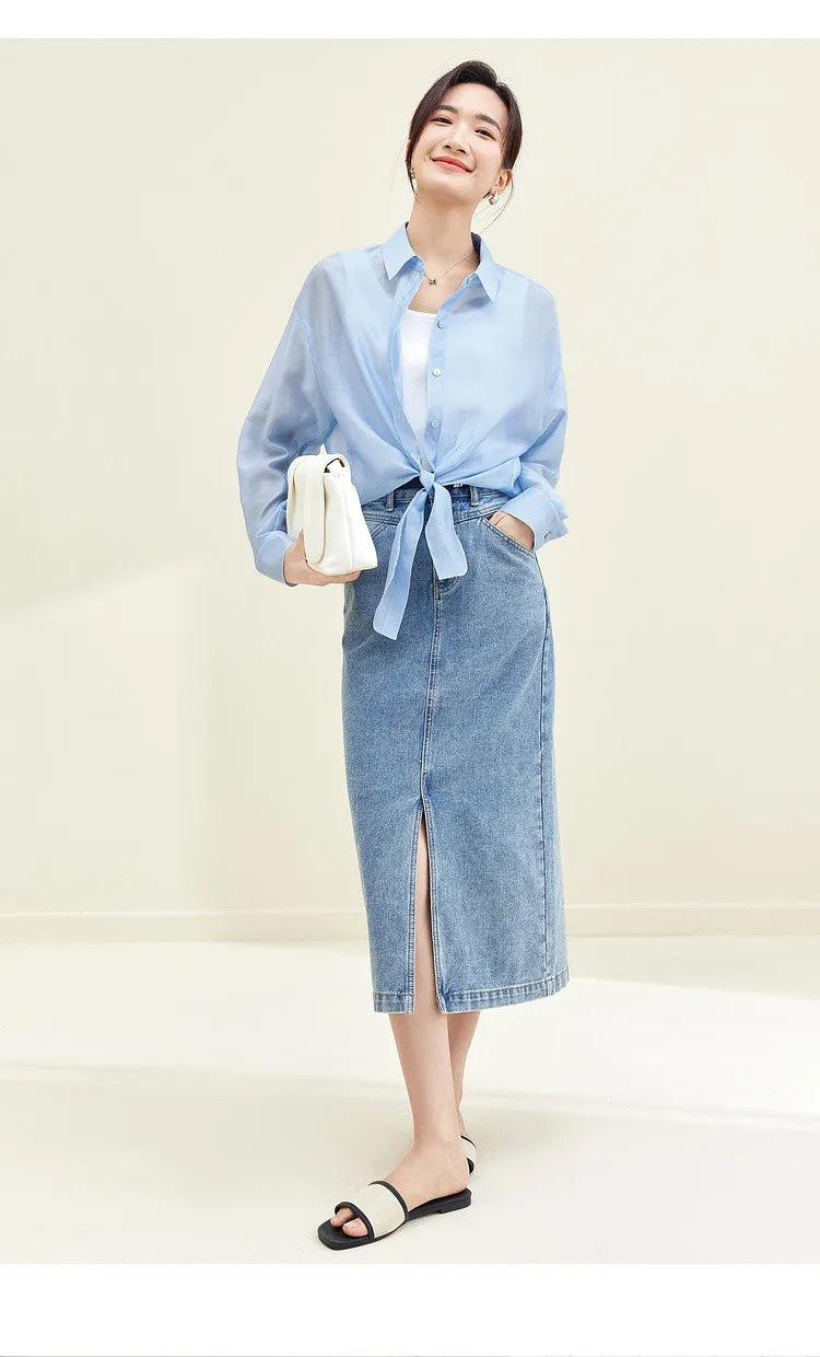 SENTUBILA Sheer Knot Shirts Women 2025 Elegant Casuals Long Drop Sleeve Button Up Shirts & Blouses Female Clothes 132C48674