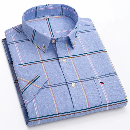 RBB Men's Classic Oxford Cotton Short Sleeve Shirt – Breathable Summer Business Casual Solid/Checked