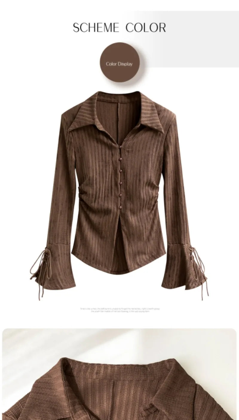 French Style Flare Sleeve Shirts for Women Retro Chic Lace-up Spring Autumn Elegant Feminine Sexy Tops Aesthetic Clothes Popular