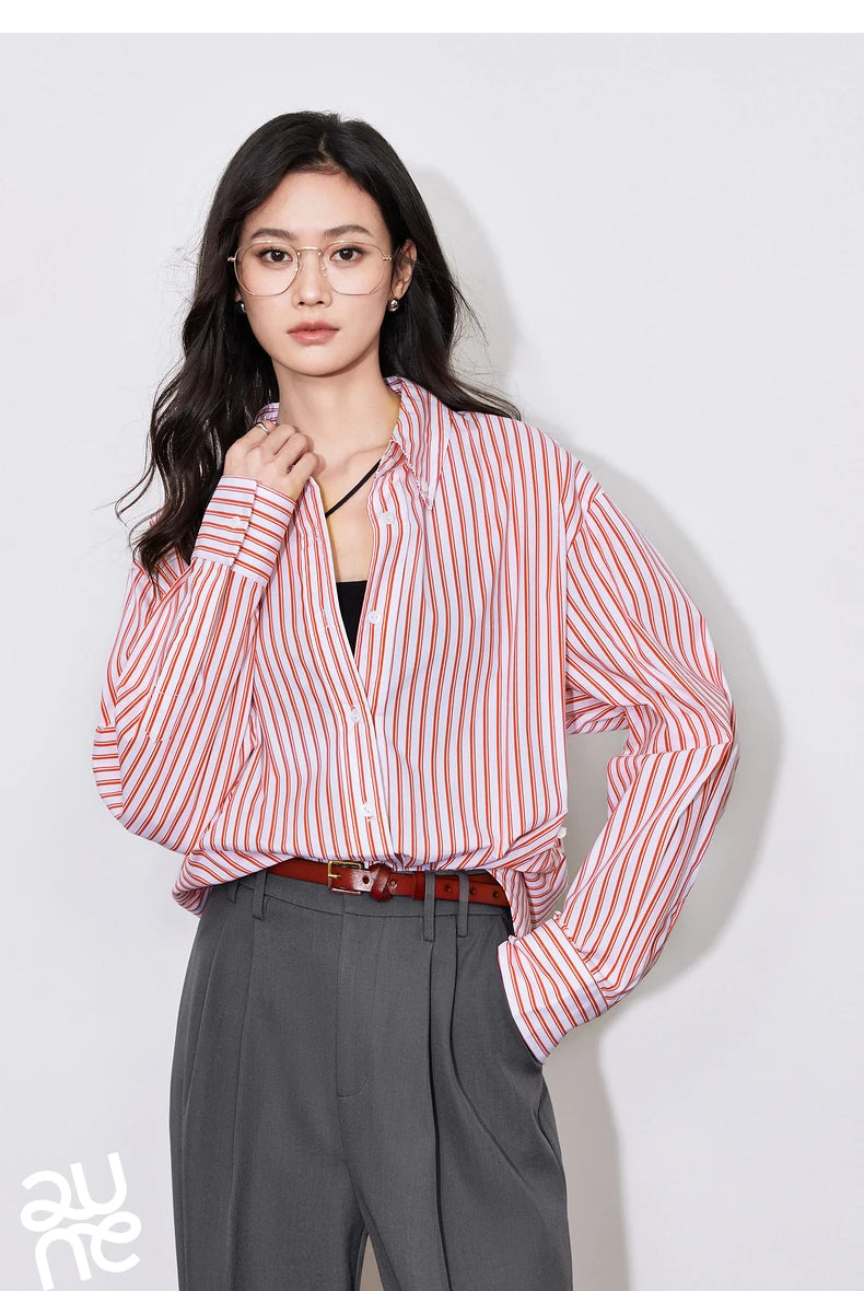 TOYOUTH Women Blouse Shirt 2025 Spring New Lyocell Long Sleeve Striped Cotton Sunscreen OL Shirt Tops