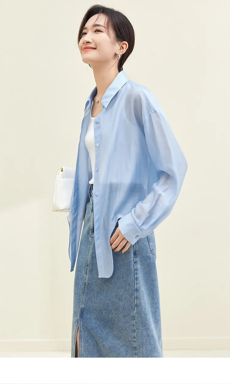 SENTUBILA Sheer Knot Shirts Women 2025 Elegant Casuals Long Drop Sleeve Button Up Shirts & Blouses Female Clothes 132C48674