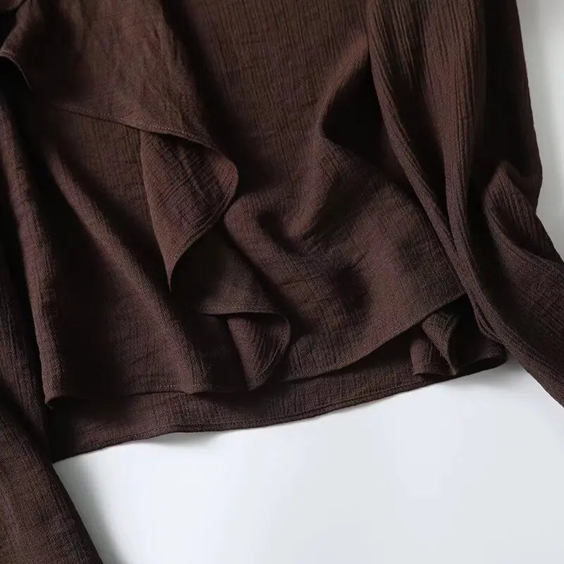 YENKYE Spring 2025 Women Brown Long Sleeve V Neck Ruffle Shirt Office Casual Blouse Blusas Mujer