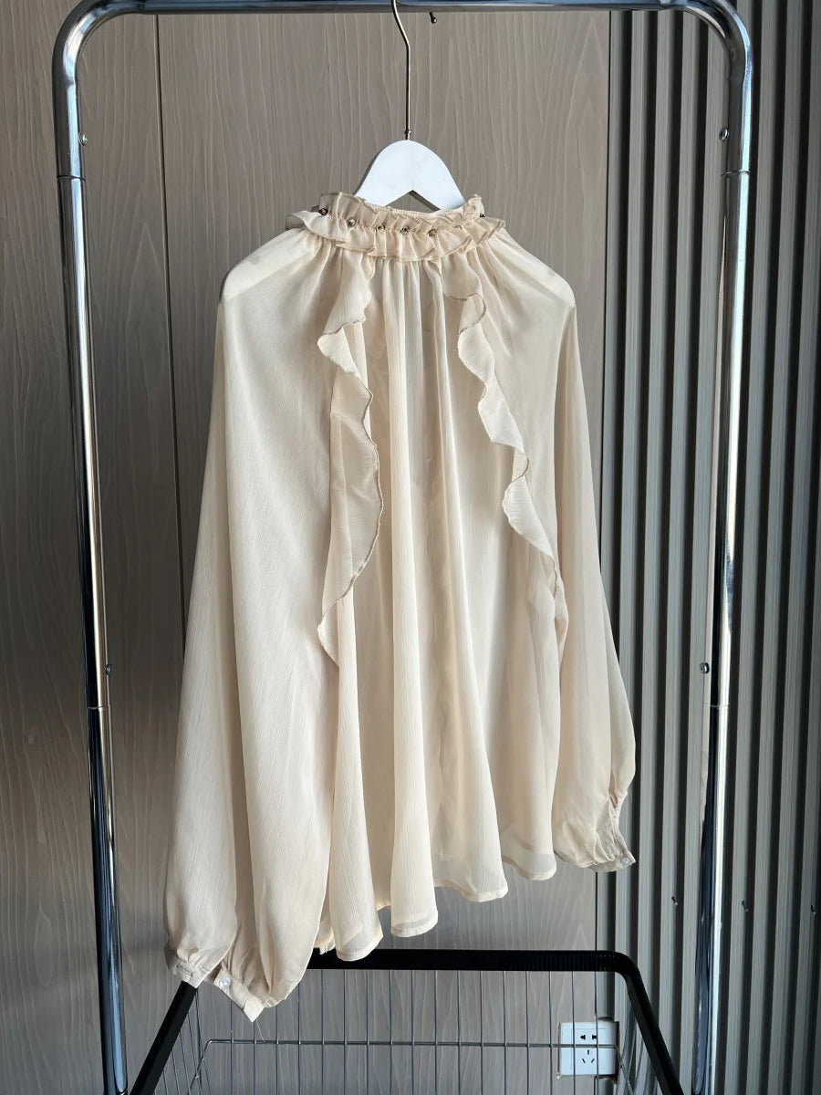 ETJ Spring 2025 New traf Women's Fashion Translucent fabric beaded rivets decorated V-neck lace ruffled romantic shirt