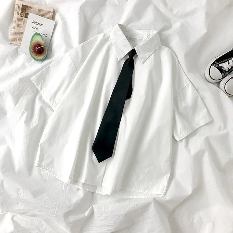 DAYIFUN 2025 White Shirt Women Blusas Short Sleeve Lapel Blouse with Tie Japanese Fashion Student Summer Daily College Style Top