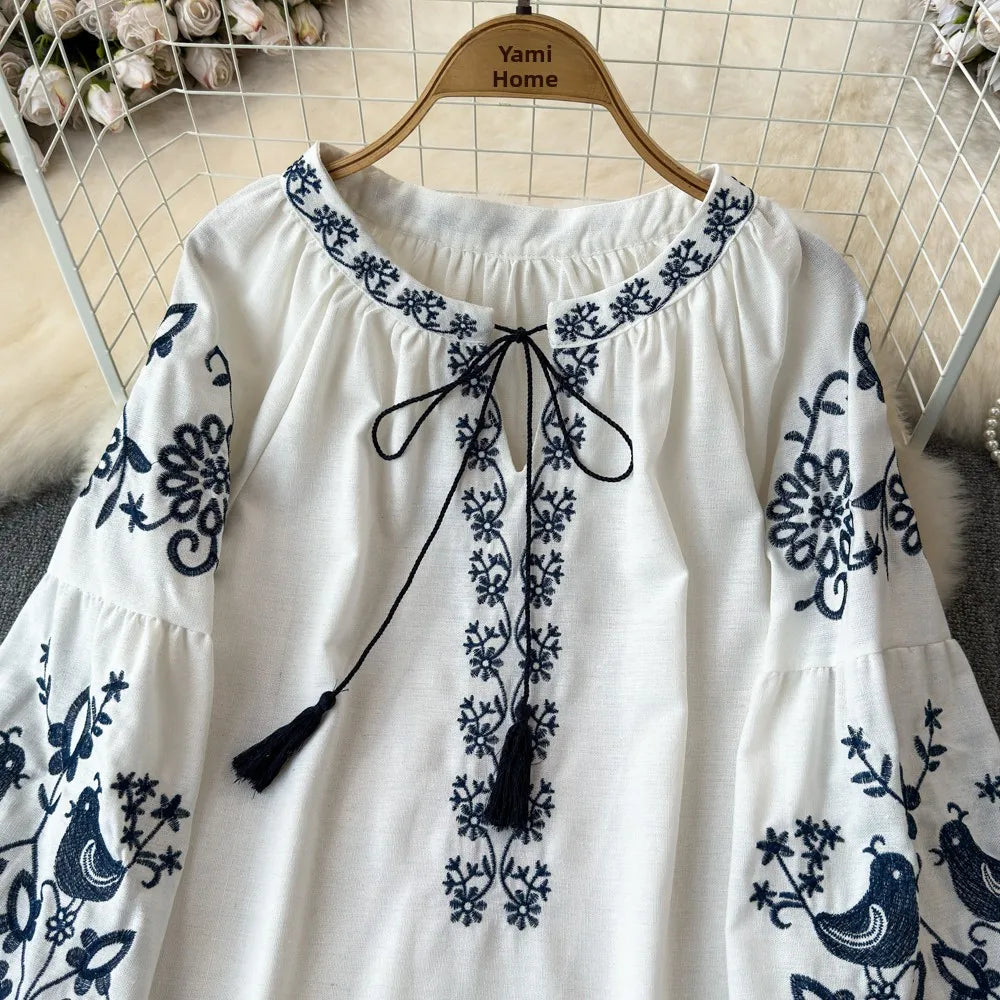 RBB Women's Retro Ethnic Embroidered Shirt –  Style Loose Long Sleeve Blouse