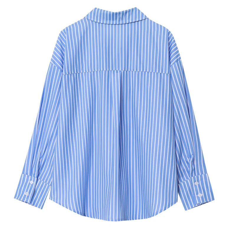 TRAF 2025 Women's Shirt Long Blue Shirt Women Spring Long Sleeve Oversize Shirts Blouses Korean Style Casual Button Up Shirts