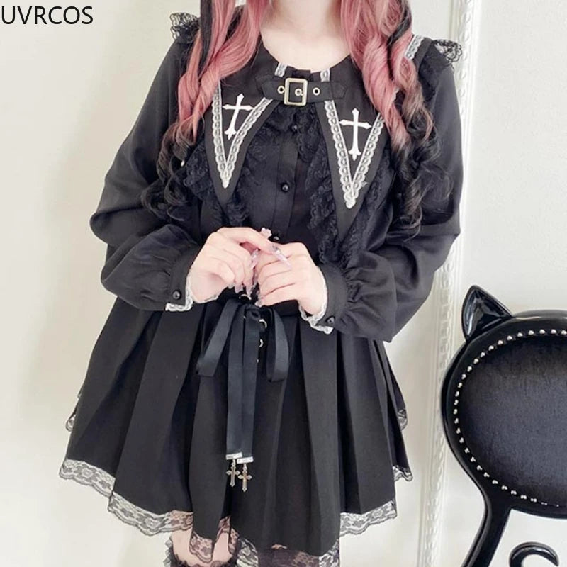 Victorian Gothic Lolita Blouses Japanese Sweet Lace Ruffles Embroidery Sailor Collar Shirt Women Punk Style Y2k Long Sleeve Tops