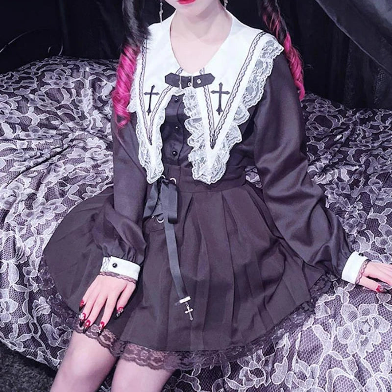 Victorian Gothic Lolita Blouses Japanese Sweet Lace Ruffles Embroidery Sailor Collar Shirt Women Punk Style Y2k Long Sleeve Tops