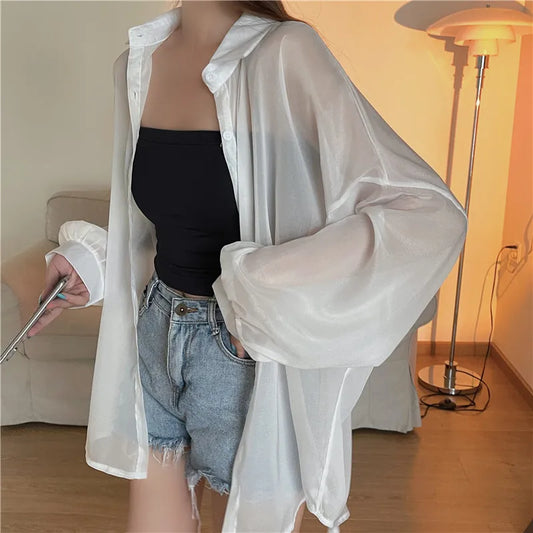 RBB Women’s Semi-Sheer Shimmer Long Sleeve Shirt – Lightweight Button-Down Collared Top for Spring/Summer