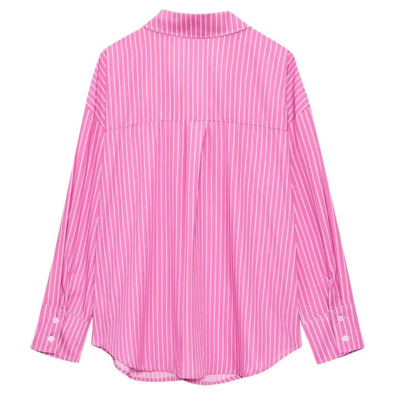 TRAF 2025 Women's Shirt Long Blue Shirt Women Spring Long Sleeve Oversize Shirts Blouses Korean Style Casual Button Up Shirts