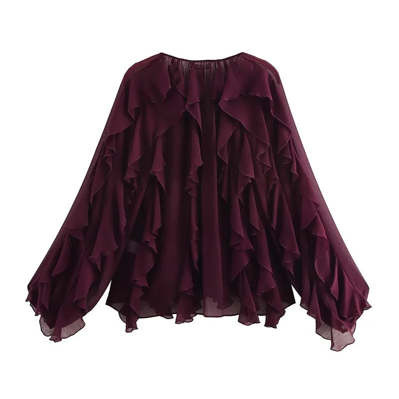 MUJER 2025 Ruffle Blouses for Women Semi Sheer Shirts and Blouses Woman Summer Casual Blouses Woman Fashion Tops Womens Blouses
