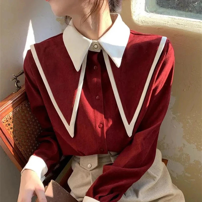MEXZT Vintage Chiffon Shirts Women Elegant Patchwork Long Sleeve Blouses Office Lady Korean Black Turn Down Collar Casual Tops